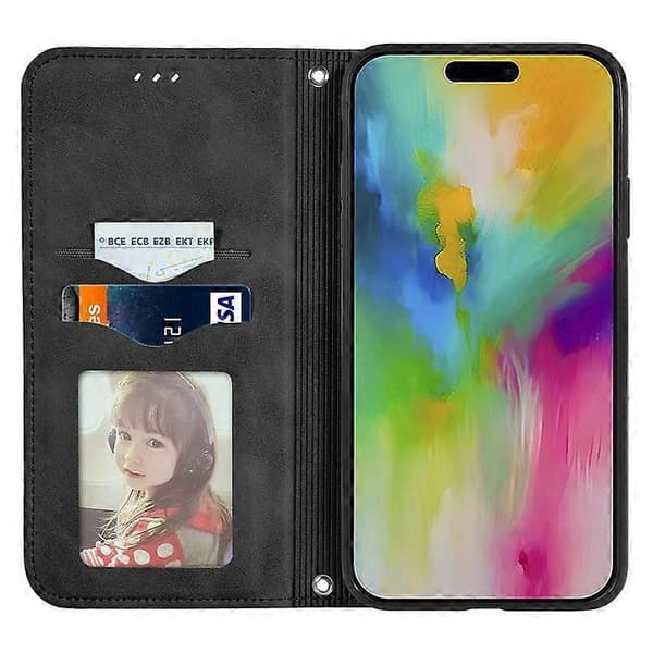 Kompatibel med iPhone 16 Plus Cover Hudfølelse Læderpung Telefoncover Magnetisk Absorption Sort