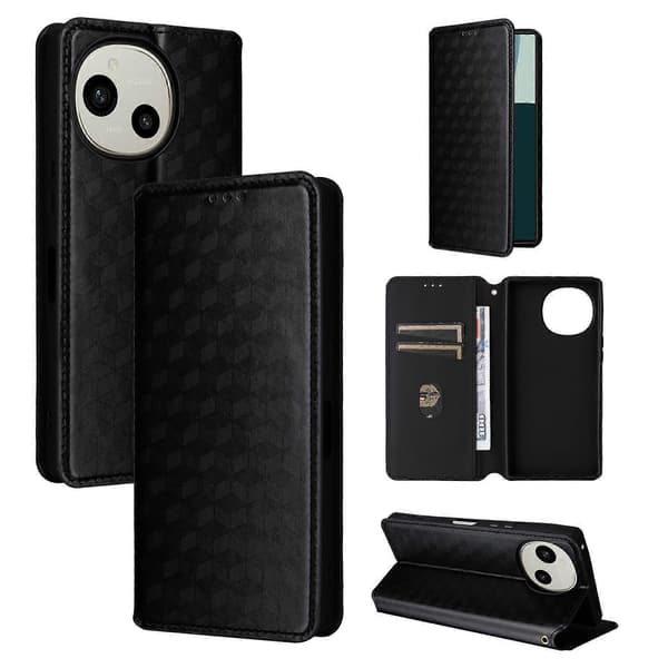 Cubic Grid Texture Flip Leather Phone Case (svart, for Sharp Aquos R10 / R9)