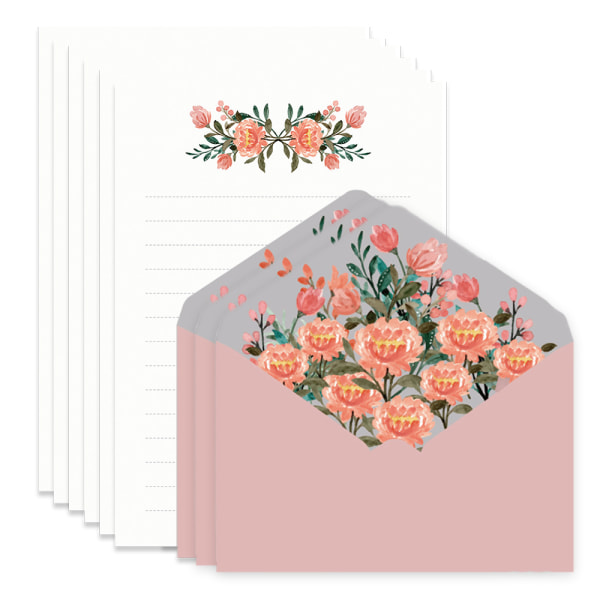 Papir og konvoluttersett, blomsterdesign 40 skrivesaker