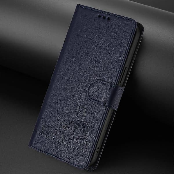 Fodral för iPhone 15 Plus Kortplats Hållare Stöd Katt RFID Plånbok Flipskydd Blå