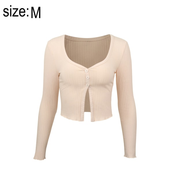 Button Front V Neck Long Sleeve Knit Crop T-Shirt Tee