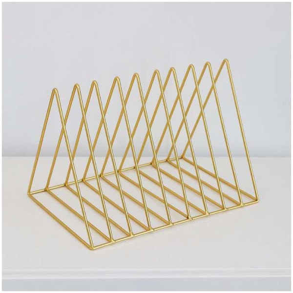 Gold Lai Li metallmagasinstativ, gullmagasinstativ, trekantet skrivebordsbokhylle, moderne platestativ, kontoravisstativ, CD, magasin