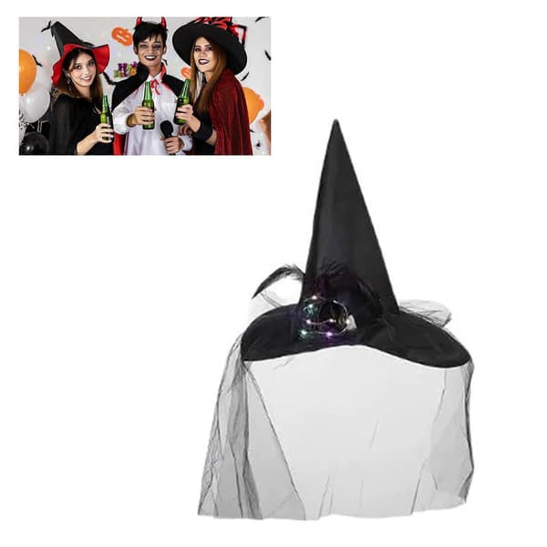 Lysende heksehatt Halloween-kostymetilbehør for Halloween-fest Slørfjærhatt Elegant hodeplagg for maskerade oransje A