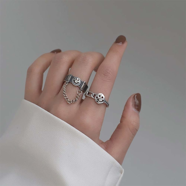 Gothic Knuckle Ringe Sæt 2 Stk Smiley Finger Ring med Kæde