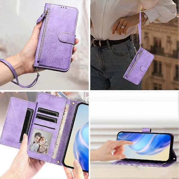 Flip-etui til HMD Pulse Plus kortholder lynlås PU-læder magnetisk lilla
