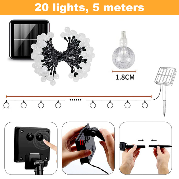 5m solcellelyssnor 20 LED-pærer julelys utendørs