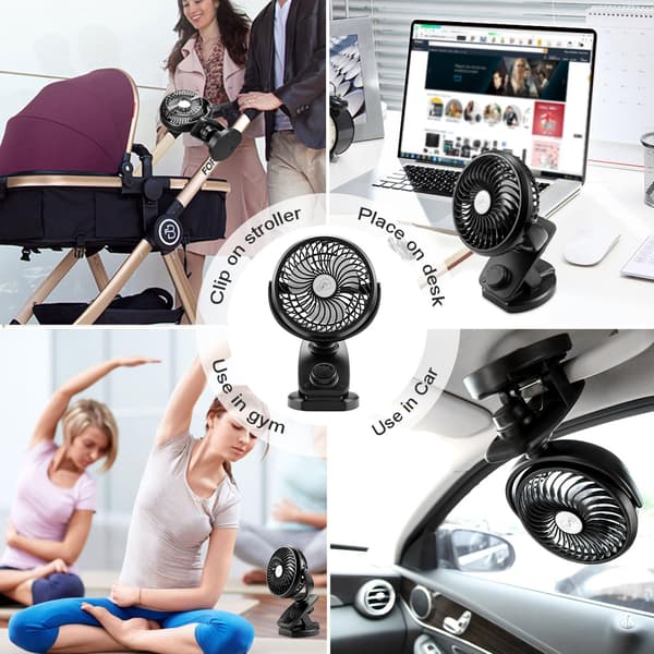 Mini Bordventilator, Clip-ventilator med 90° Auto Rotation 360° Rotation, USB-ventilator med Diffuserfunktion til Hjemmekontor Bil Barnevogn (3600 mAh Batteri)