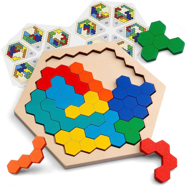 14 stk Træ Hexagon Puslespil - Shape Block Tangram Brain Teaser