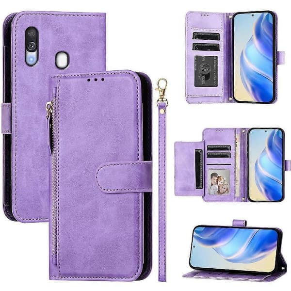 Flip-etui til Samsung Galaxy A40 kortholder PU-læder magnetisk lynlås lilla