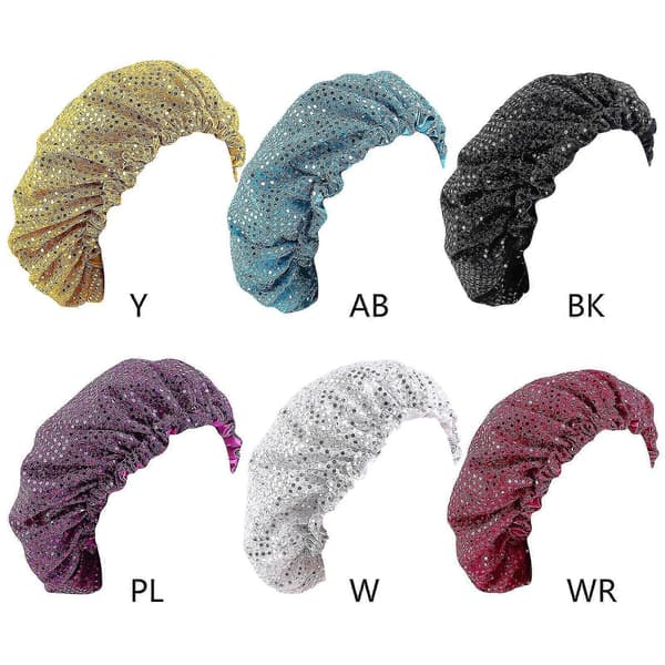 Dame dobbeltlags satengfôret sovehette med glitterpaljetter, justerbar turbanhatt, elastisk hodeplagg for hårtap A