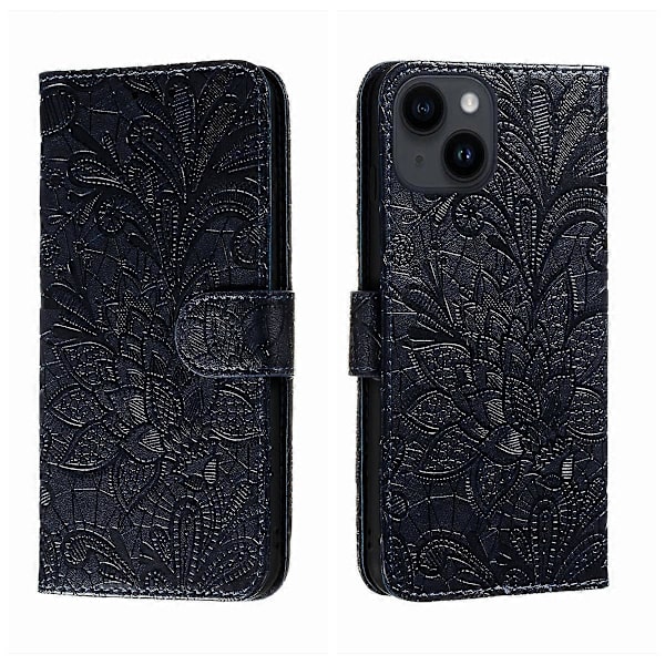 För iPhone 14 / 13 Spetsblomma Prägling Flip Läder Telefonfodral