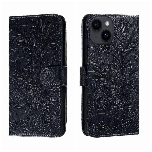 Til iPhone 14 / 13 Flip Læder Telefoncover med Præget Blondeblomst