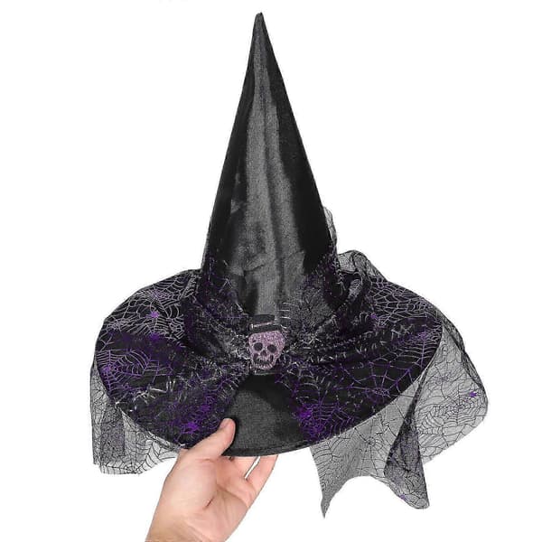 Lilla heksehue med bred skygge til Halloween Cosplay Tilbehør A