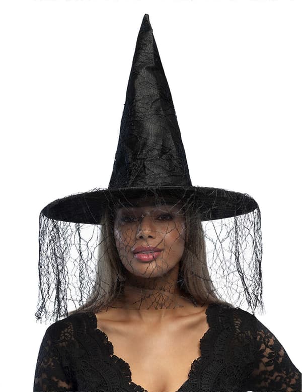 Svart heksehue med spindelveil for kvinner Halloween A