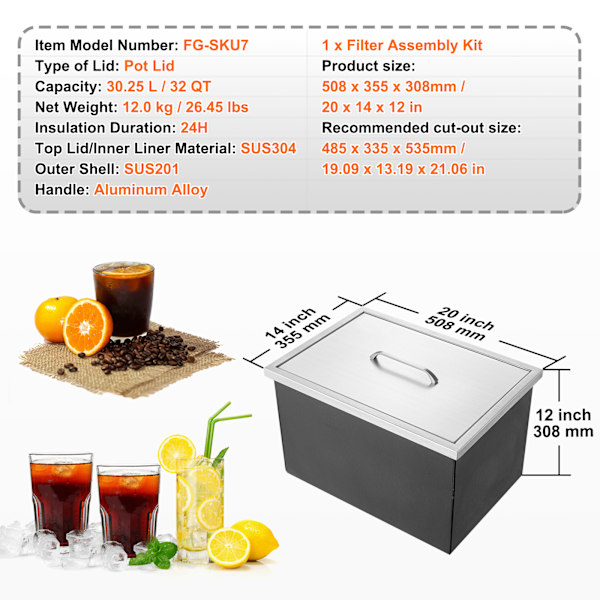 SucceBuy 20\"x14\"x12\" Infälld Isbox, Kylbehållare i Rostfritt Stål med Lock