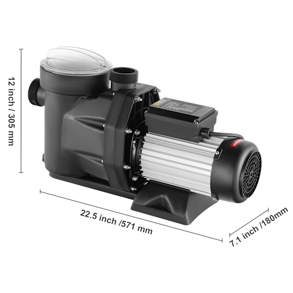 SucceBuy 2 HP 1800W Poolpump för ovanjordspooler 33000 L/H Flöde