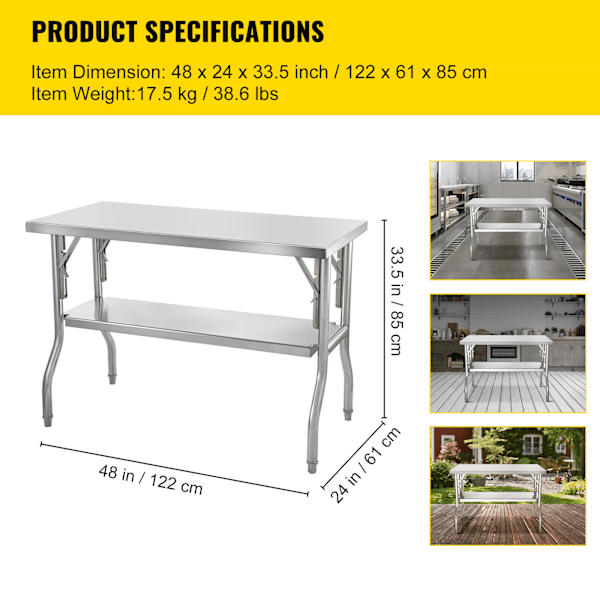 SucceBuy Hopfällbart Kommersiellt Förberedelsebord Arbetsstation 48 x 24 Tum silver