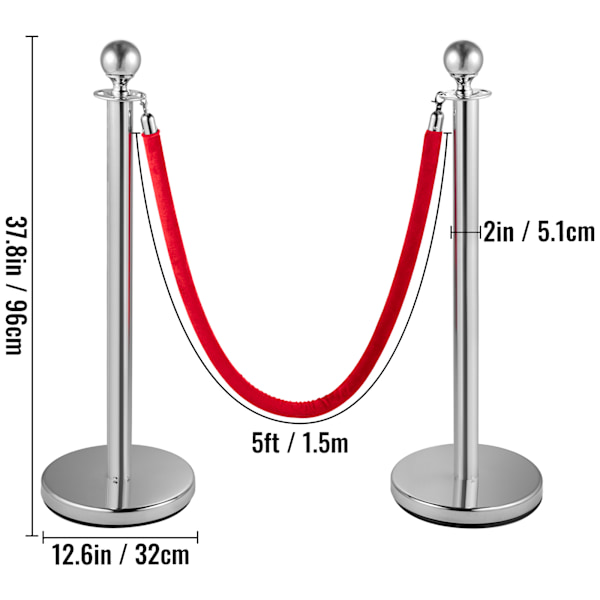 SucceBuy Köstolpar för Publikkontroll i Rostfritt Stål - Silverfärgade Stolpar, 2 Röda Sammetsrep, 1,5 m, 4-pack