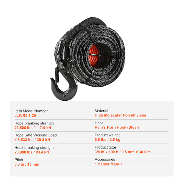 SucceBuy Syntetisk vinschvajer, 3/8\" x 100', 26 500 lbs kapacitet för SUV-lastbil