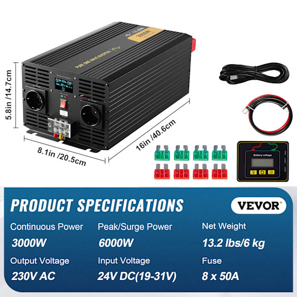 SucceBuy 3000W Ren Sinusvåg Inverter DC 24V till AC 230V, LCD-Display
