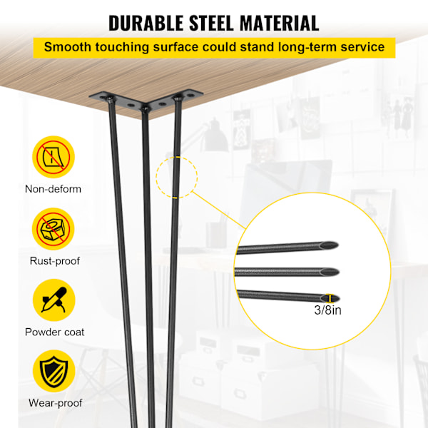 SucceBuy Hårnålsbordsben 40 tum, set med 4, 3 stavar, Heavy Duty, DIY skrivbordsbordsben svart