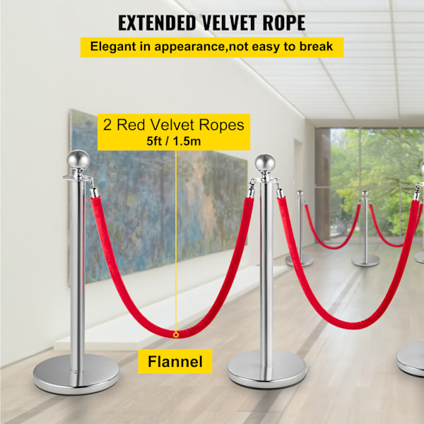 SucceBuy Köstolpar för Publikkontroll i Rostfritt Stål - Silverfärgade Stolpar, 2 Röda Sammetsrep, 1,5 m, 4-pack