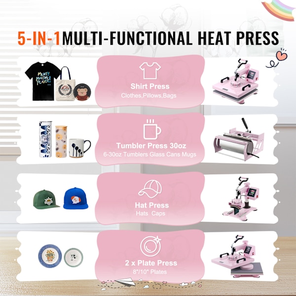 SucceBuy 5-i-1 Värmepress med 30oz Tumbler-press för T-shirts 15x15 tum i Rosa