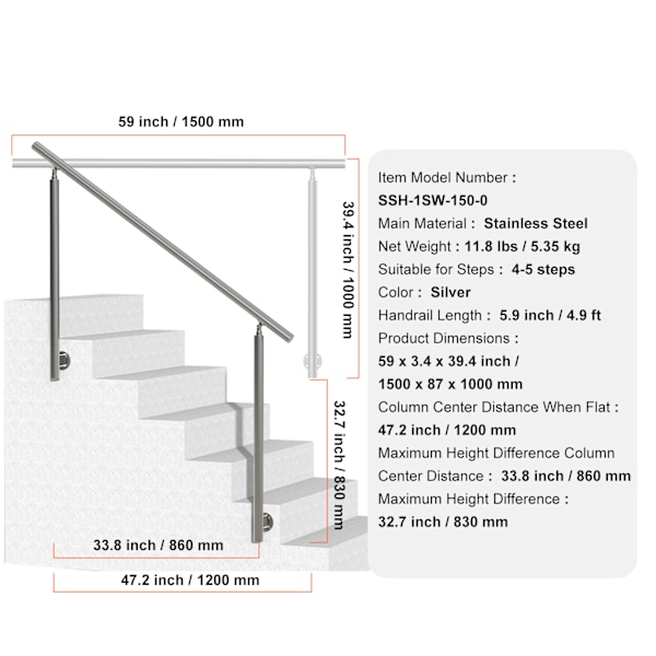 SucceBuy Handledare för Utomhustrappor Veranda Däck Sidomontering 150 cm