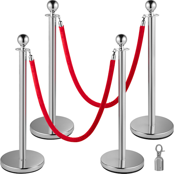 SucceBuy Köstolpar för Publikkontroll i Rostfritt Stål - Silverfärgade Stolpar, 2 Röda Sammetsrep, 1,5 m, 4-pack