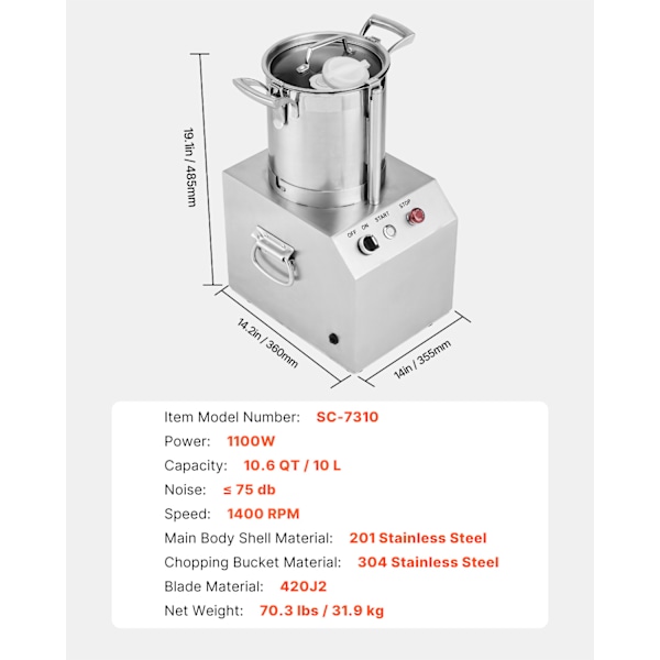 SucceBuy Matberedare & Hackare 10L Rostfritt Stål 1100W