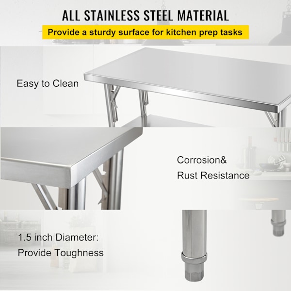 SucceBuy Hopfällbart Kommersiellt Förberedelsebord Arbetsstation 48 x 24 Tum silver