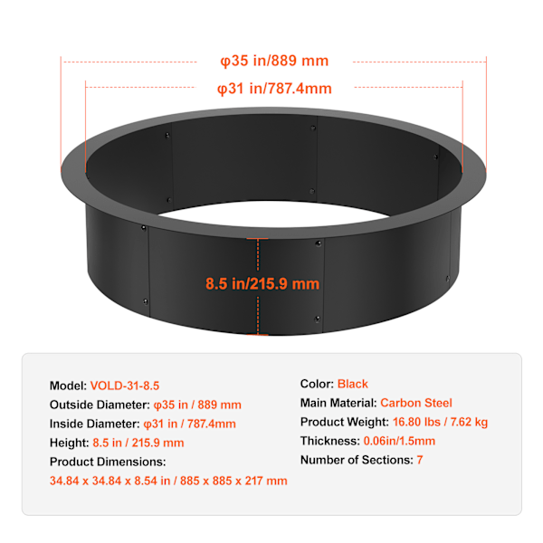 SucceBuy Rund Eldstad Ring 35 Tum Ytterdiameter, Stål Liner DIY Eldstad Lägereldsring