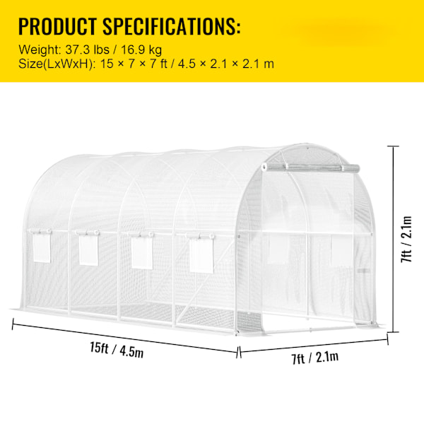 SucceBuy 15x7x7 ft Tunnelväxthus, Galvaniserad Ram & Vattentätt Skydd