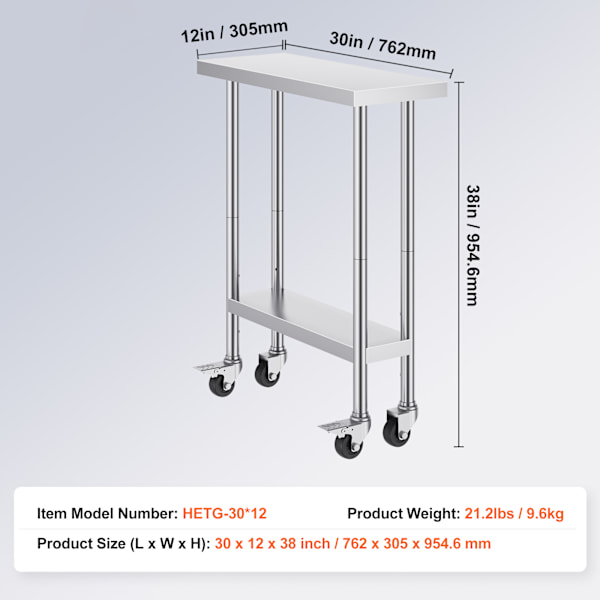 SucceBuy Arbetsbord i rostfritt stål 30x12 tum Kommersiellt förberedelsebord med 4 hjul silver