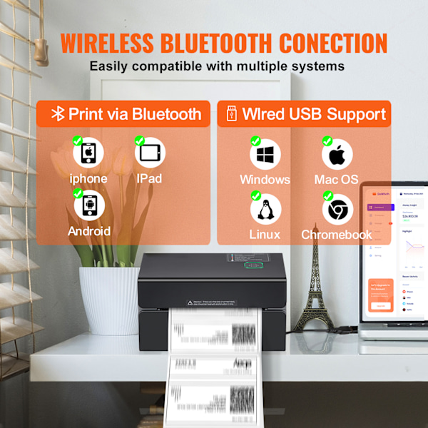 SucceBuy 300DPI termisk etikettskrivare, 4x6 USB/Bluetooth, för Amazon, eBay, Etsy svart