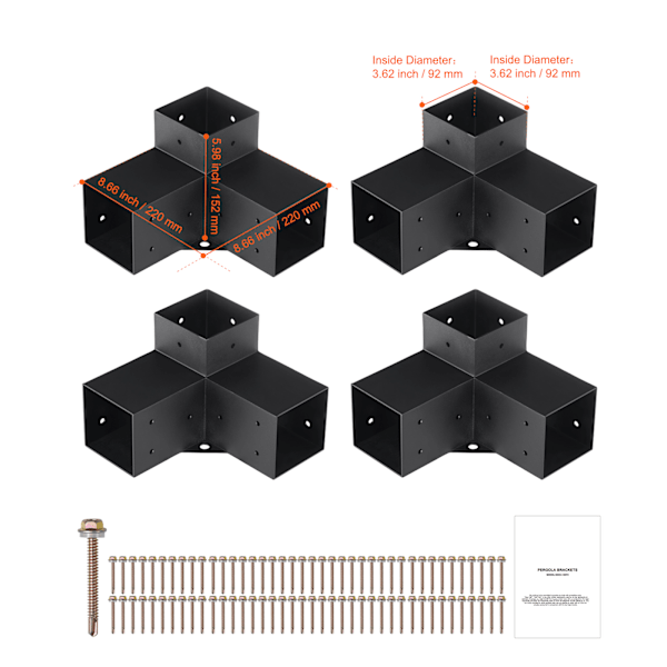 SucceBuy 4''x4'' Pergola Fästsats 3-Vägs Inre 3.6x3.6 4 st