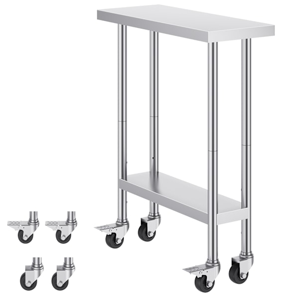 SucceBuy Arbetsbord i rostfritt stål 30x12 tum Kommersiellt förberedelsebord med 4 hjul silver