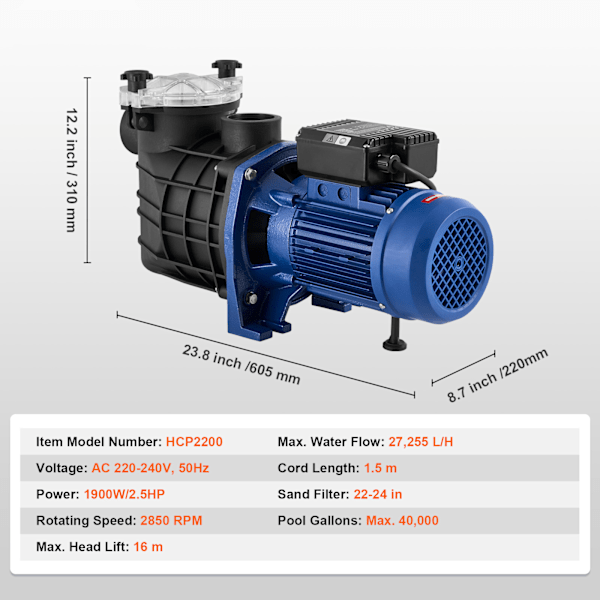 SucceBuy Poolpump för ovanjordspooler, enkel hastighet, 2,5 HP, 120 GPM, 2850 RPM, UL