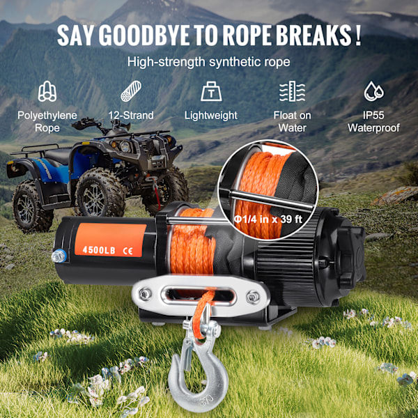 SucceBuy 4500 lb Elektrisk Vinsch, ATV/UTV, Syntetisk Rep, Vattentät, Fjärrkontroll