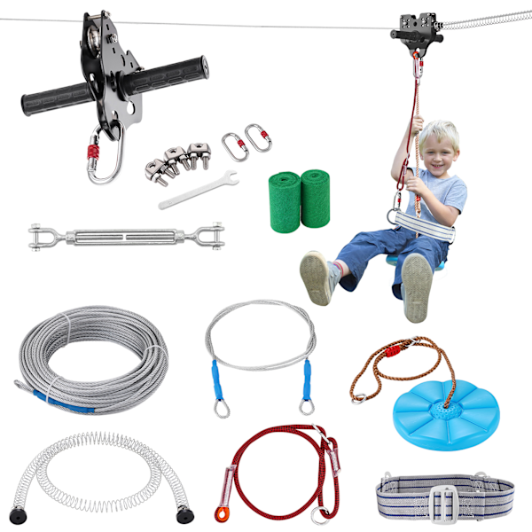SucceBuy 18 m Zip Line Kit för Barn & Vuxna, Vagn Zipline, 227 kg Kapacitet