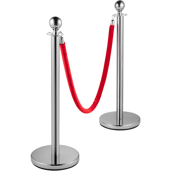 SucceBuy Köstolpar för Publikkontroll i Rostfritt Stål - Silverfärgade Stolpar, 2 Röda Sammetsrep, 1,5 m, 4-pack