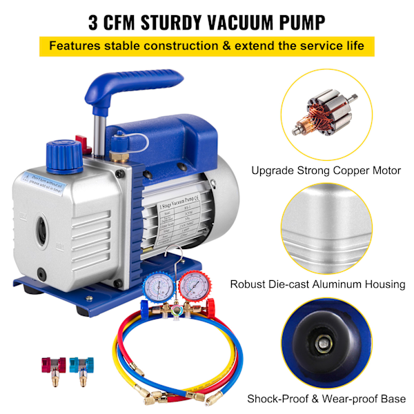 SucceBuy A/C grenrörsmätare Luftvakuumpump HVAC Combo 3CFM 1/4 HP blå