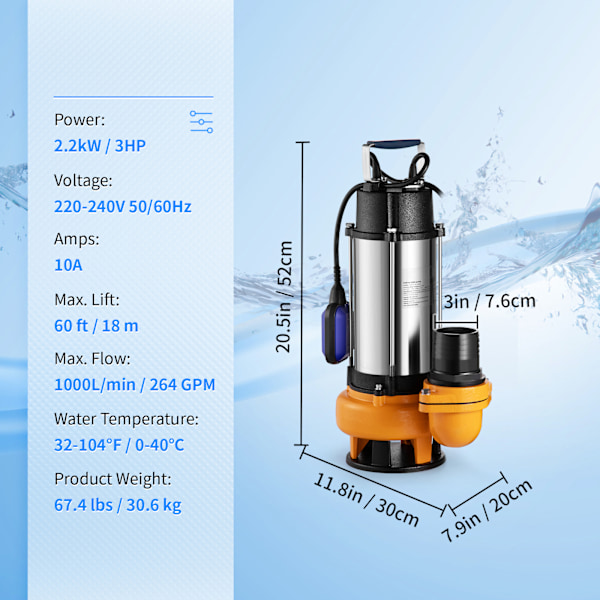SucceBuy Dränkbar Vattenpump 2200W, för Smutsigt Vatten, Översvämningar, Pooler, Trädgårdsdammar