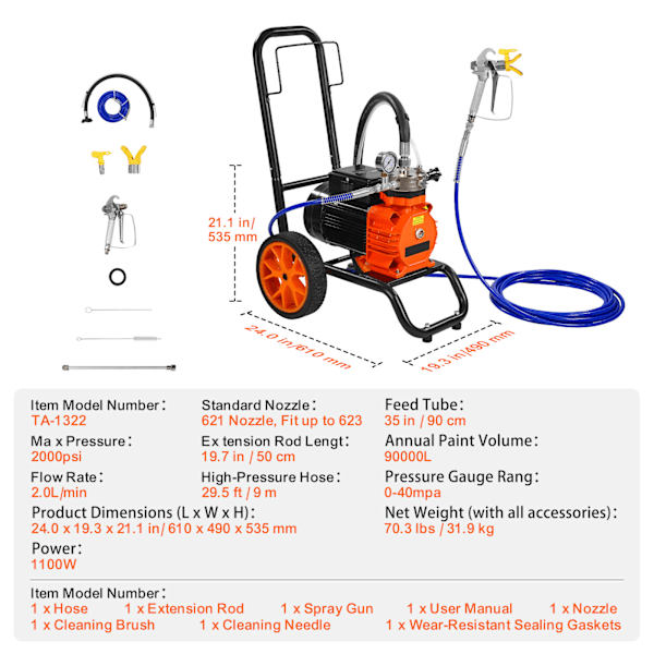 SucceBuy Vagn Airless Färgspruta 1100W 2000 psi Membran Färgspruta Airless för Hemmabruk