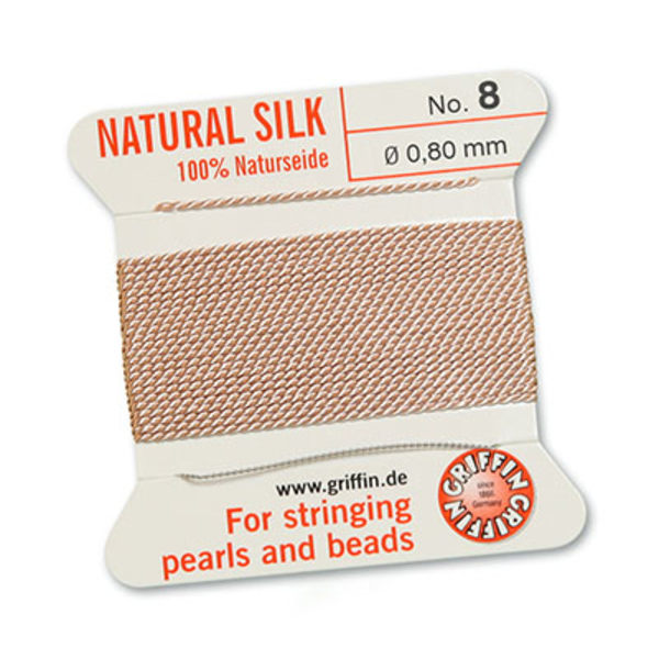 Griffin 100% naturligt pärlsilke med nål, Light Pink/puderrosa, rosa №10 (0,9mm)