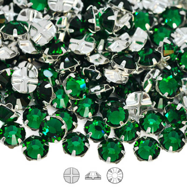 Preciosa rose montées, SS30 (ca 6.5mm), silver/Emerald, 10st grön