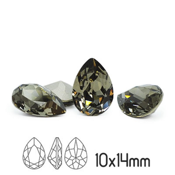 Preciosa kristall, 14x10mm Baroque Pear, Black Diamond, 1st grå