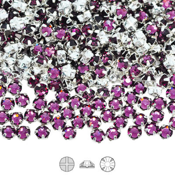 Preciosa rose montées, SS10 (ca 3mm), silver/Amethyst, 30st lila