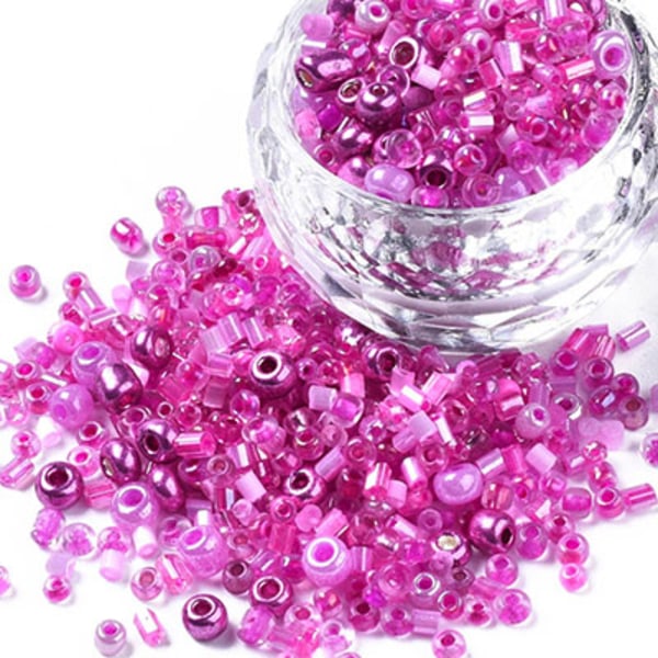 Mix av seed beads och stavpärlor, mörkrosa, 20g rosa