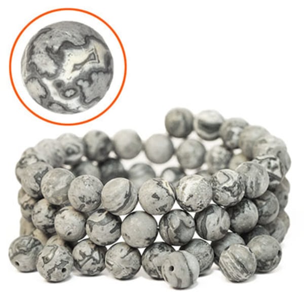 Frostade pärlor av naturlig grå picassojaspis/map stone, ca 8.8m grå